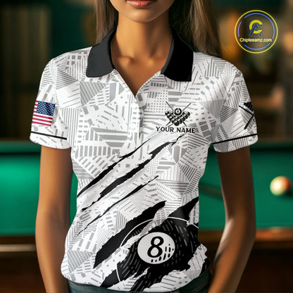 Personalized Funny Scratch 8 Ball Pool Billiard Polo, 1/4 Zip For Women Custom Team Billiard Jersey TDM4147