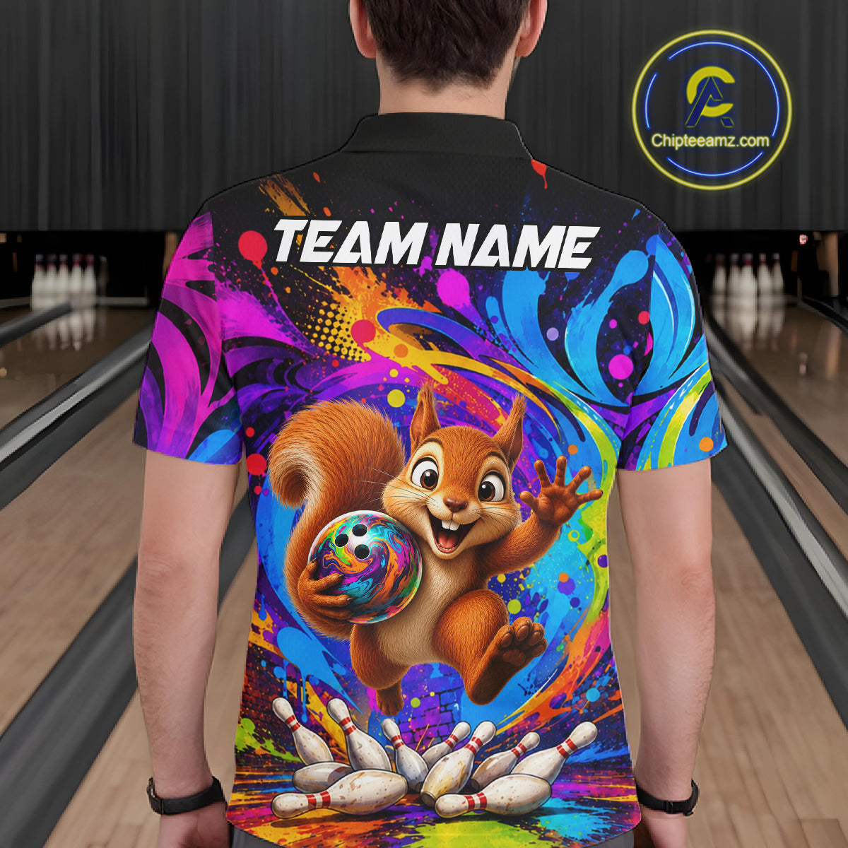 Man wearing funny squirrel colorful bowling team jersey polo shirt featuring funny squirrel bowling artwork, back view.