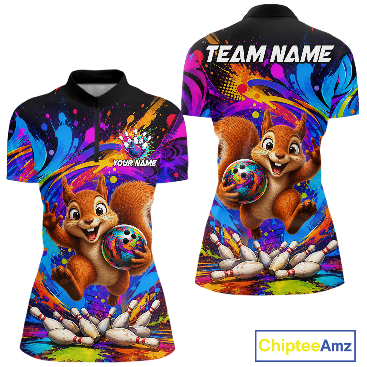 Funny pizza colorful bowling team jersey quarter zip shirt for women featuring colorful pizza bowling artwork, premium custom bowling apparel.