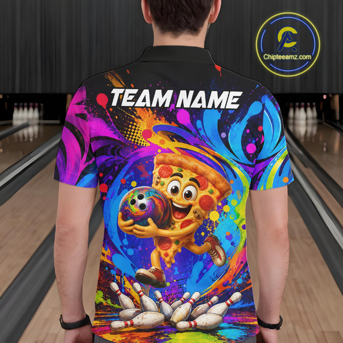 Man wearing funny pizza colorful bowling team jersey polo shirt featuring funny pizza bowling artwork, back view.