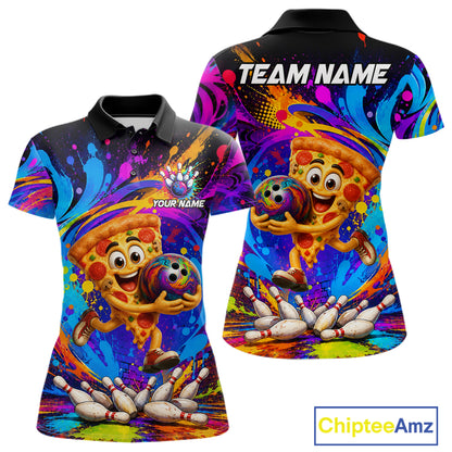Funny pizza colorful bowling team jersey polo shirt for women featuring a fun pizza bowling design, premium custom bowling league apparel and best bowling gifts.
