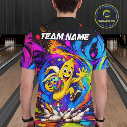 Man wearing funny banana colorful bowling team jersey polo shirt featuring funny banana bowling artwork, back view.