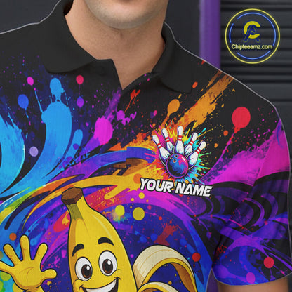 Close-up of funny banana colorful bowling team jersey polo shirt featuring collar, buttons and funny banana bowling artwork.