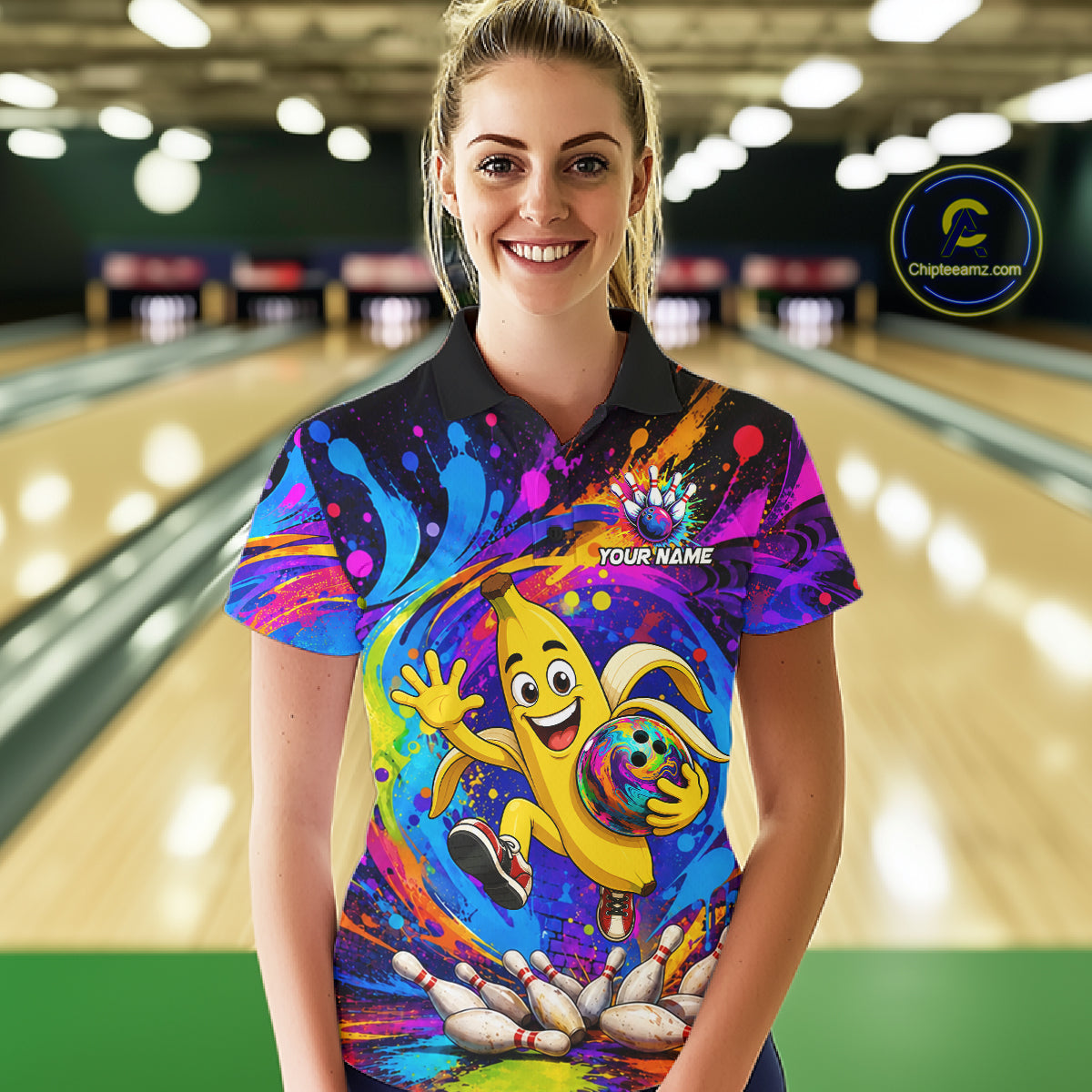 Woman wearing funny banana colorful bowling team jersey polo shirt featuring funny banana bowling artwork, front view.