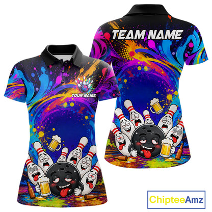 Funny drunk bowling pins colorful bowling team jersey polo shirt for women featuring hilarious drunk bowling pins artwork, premium custom bowling league apparel and unique bowling gifts.