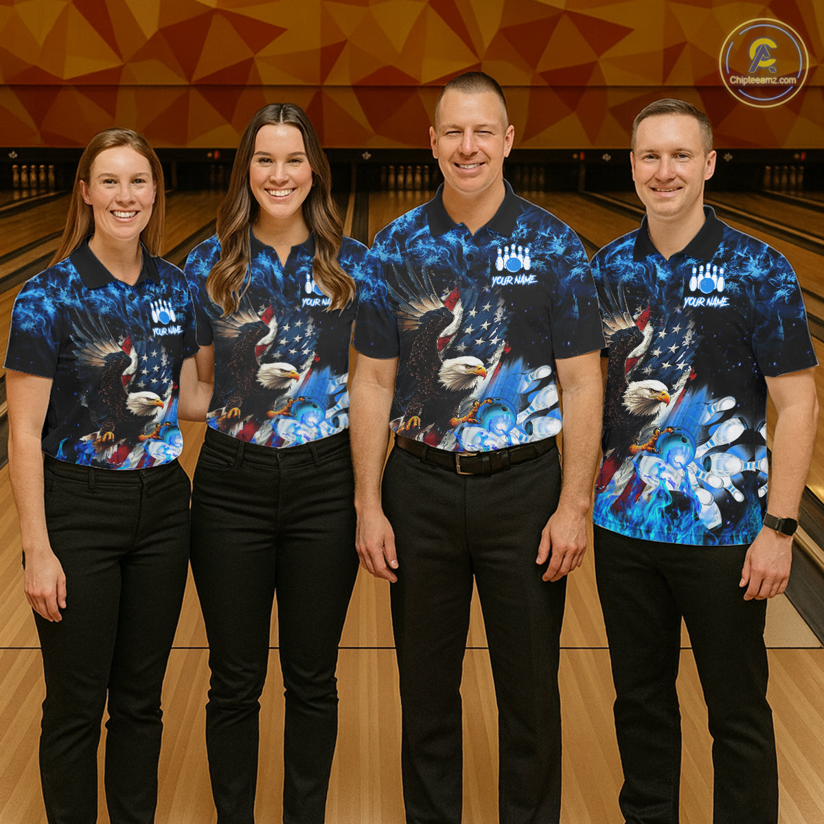 Bowling team wearing matching blue flame American flag eagle bowling team jerseys, front view.