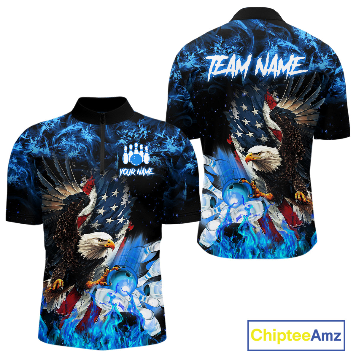 Blue flame American flag eagle bowling team jersey quarter zip shirt for men featuring a patriotic eagle and American flag design, premium custom bowling league apparel.