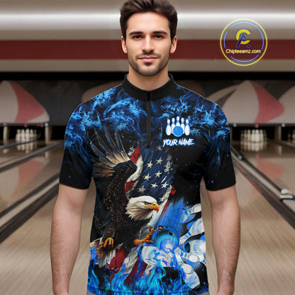 Man wearing blue flame American flag eagle bowling team jersey quarter zip shirt featuring patriotic eagle and American flag artwork, front view.
