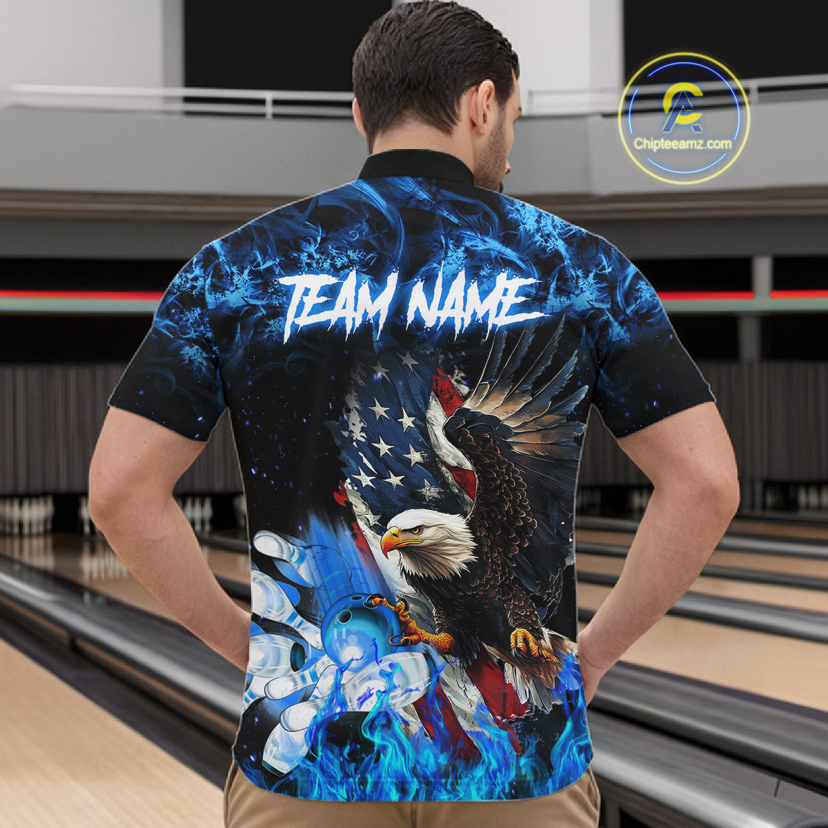 Man wearing blue flame American flag eagle bowling team jersey quarter zip shirt featuring patriotic eagle and American flag artwork, back view.