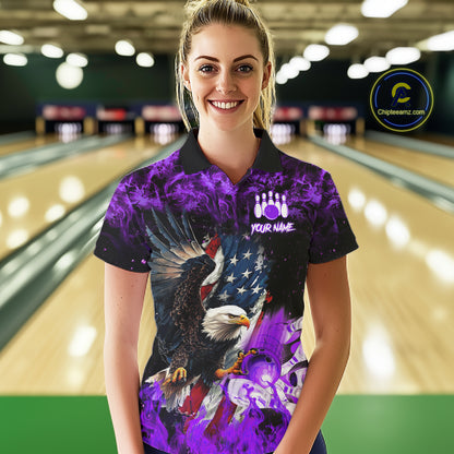 Woman wearing purple flame American flag eagle bowling team jersey polo shirt featuring patriotic eagle and American flag artwork, front view.
