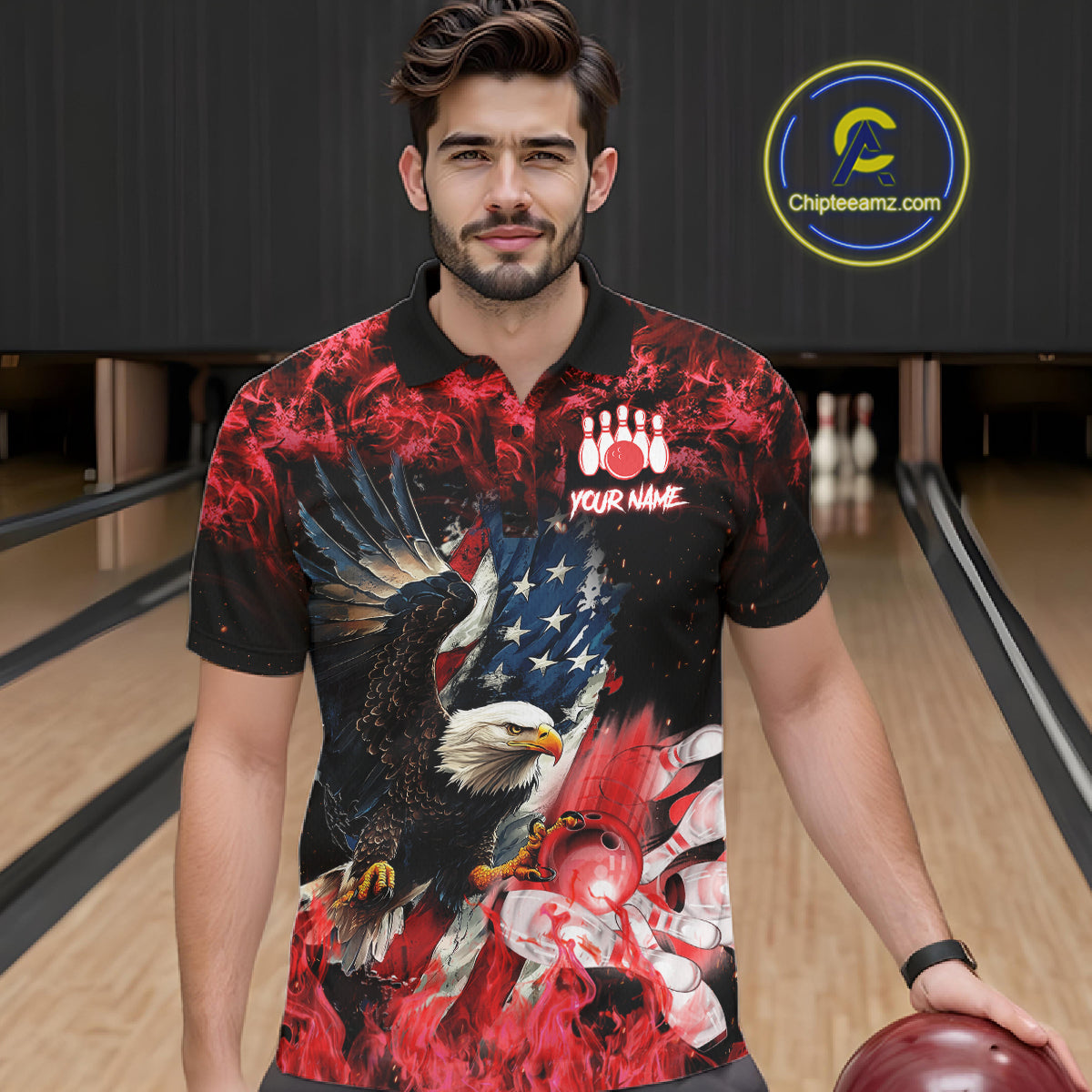 Man wearing red flame American flag eagle bowling team jersey polo shirt featuring patriotic eagle and American flag artwork, front view.