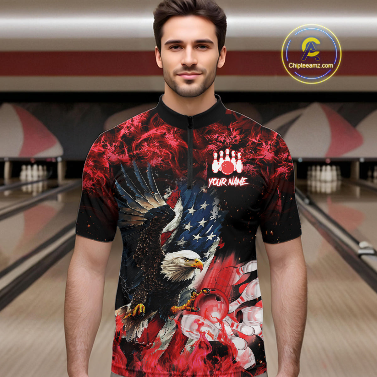 Man wearing red flame American flag eagle bowling team jersey quarter zip shirt featuring patriotic eagle and American flag artwork, front view.
