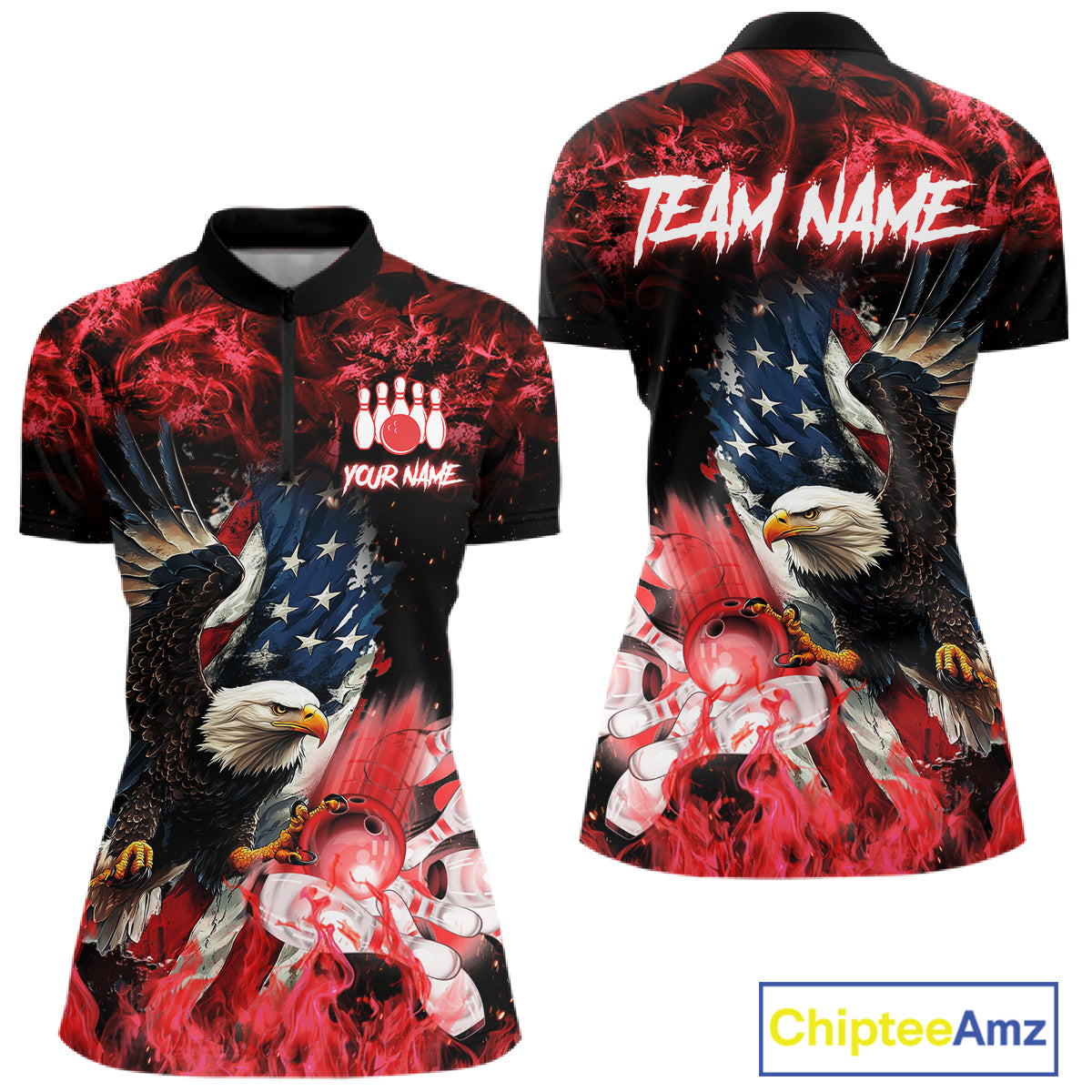 Red flame American flag eagle bowling team jersey quarter zip shirt for women featuring a patriotic eagle and American flag design, premium custom bowling league apparel.