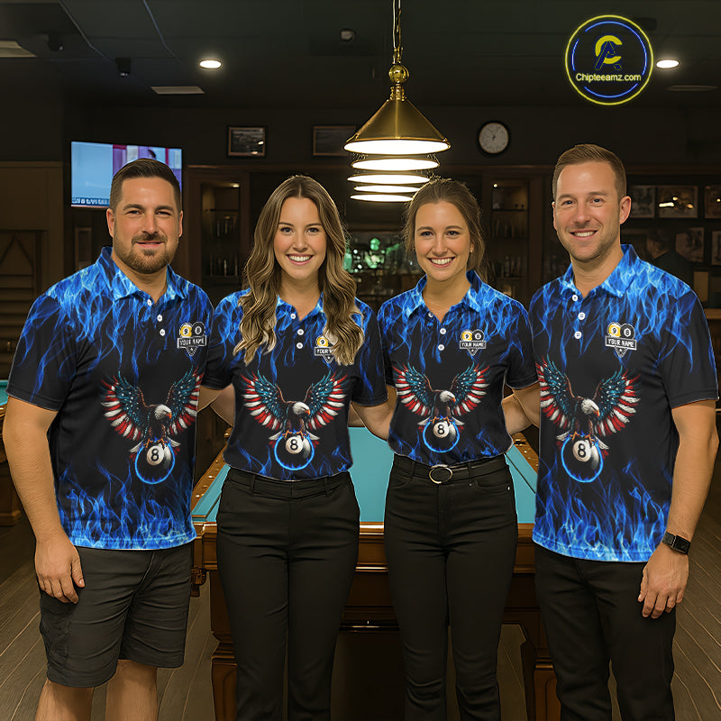 Blue Flaming American Flag Eagle 8 Ball & 9 Ball Billiard Shirt For Women Custom Pool Team Jersey TDM5652