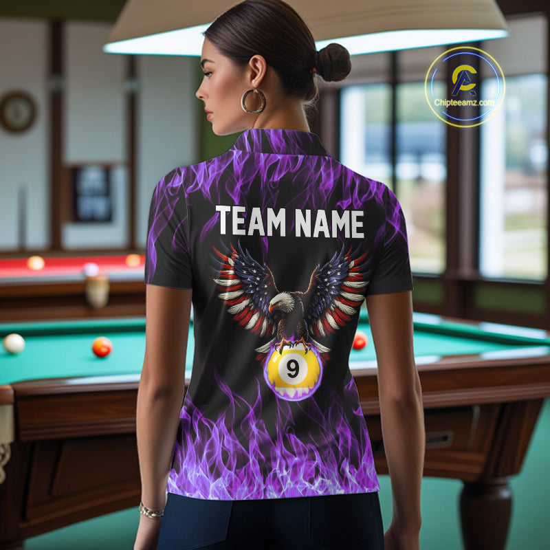 Purple Flaming American Flag Eagle 8 Ball & 9 Ball Billiard Shirt For Women Custom Pool Team Jersey TDM5653