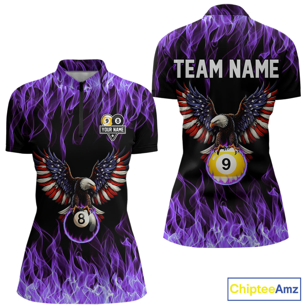 Purple Flaming American Flag Eagle 8 Ball & 9 Ball Billiard Shirt For Women Custom Pool Team Jersey TDM5653
