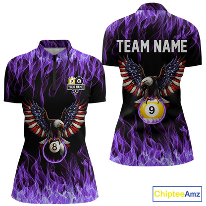 Purple Flaming American Flag Eagle 8 Ball & 9 Ball Billiard Shirt For Women Custom Pool Team Jersey TDM5653