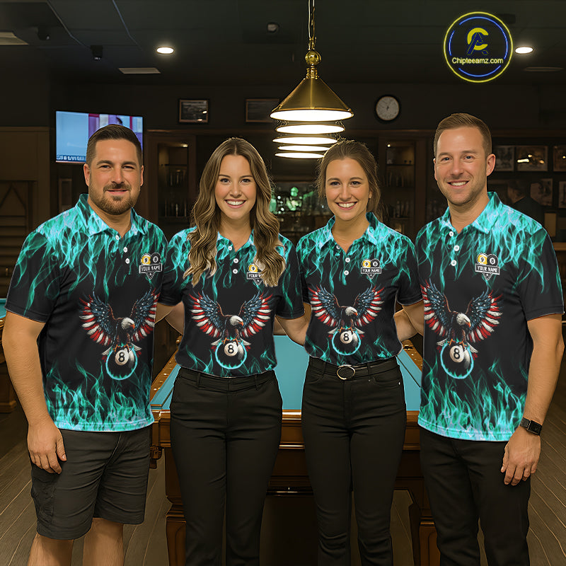 Turquoise Flaming American Flag Eagle 8 Ball 9 Ball Billiard Shirt For Women Custom Pool Team Jersey TDM5654