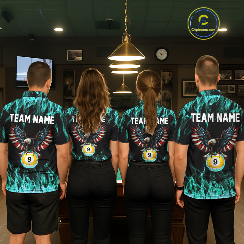 Turquoise Flaming American Flag Eagle 8 Ball 9 Ball Billiard Shirt For Women Custom Pool Team Jersey TDM5654