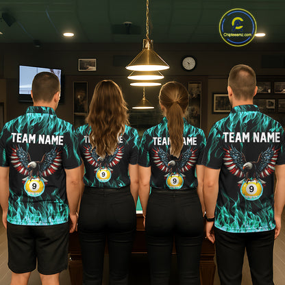 Turquoise Flaming American Flag Eagle 8 Ball 9 Ball Billiard Shirt For Women Custom Pool Team Jersey TDM5654