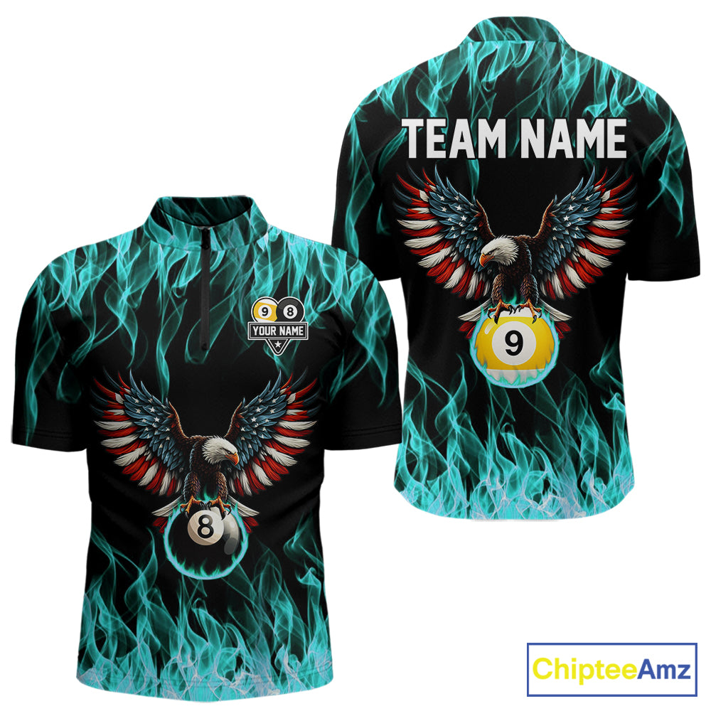 Turquoise Flaming American Flag Eagle 8 Ball 9 Ball Billiard Shirt For Men Custom Pool Team Jersey TDM5654