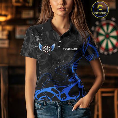 Black And Blue Custom Wings Darts Shirt For Women, Darts Jersey Pocket Option TDM3840