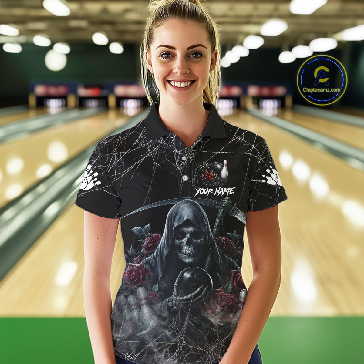Grim Reaper And Roses Custom Bowling Shirt For Women, Bowling Team Jersey Polo & Quarter Zip TDM6272