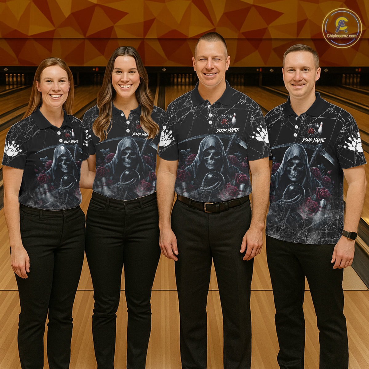 Grim Reaper And Roses Custom Bowling Shirt For Men, Bowling Team Jersey Polo & Quarter Zip TDM6272