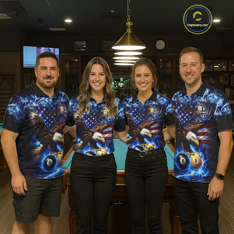 Blue Flaming Eagle 8 Ball 9 Ball Pool Billiard Shirt For Men Custom American Flag Billiard Jersey TDM7161