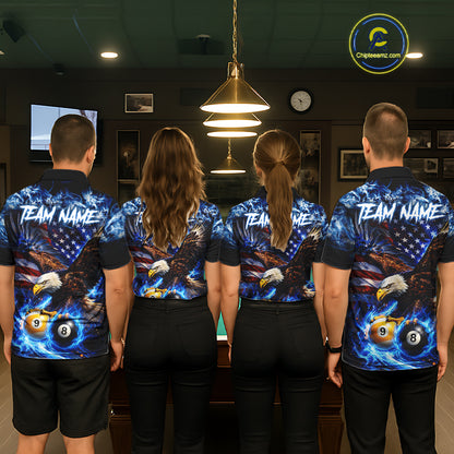 Blue Flaming Eagle 8 Ball 9 Ball Pool Billiard Shirt For Men Custom American Flag Billiard Jersey TDM7161