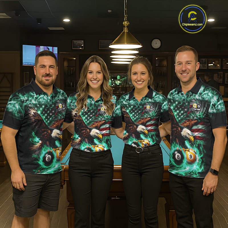 Turquoise Flaming Eagle 8 Ball 9 Ball Pool Billiard Shirt For Men Custom US Flag Billiard Jersey TDM7162