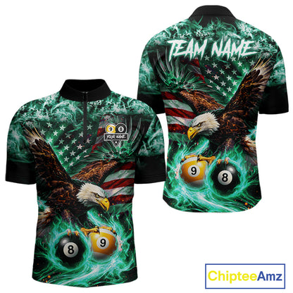 Turquoise Flaming Eagle 8 Ball 9 Ball Pool Billiard Shirt For Men Custom US Flag Billiard Jersey TDM7162