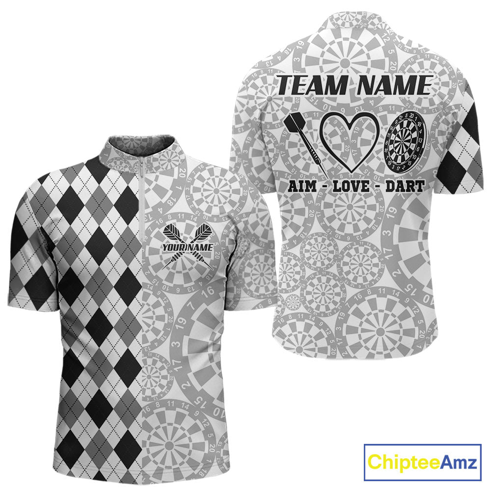 Aim Love Darts Custom Black Argyle Men Darts Polo & 1/4 Shirt, Funny Darts Shirts Dart Team Jersey TDM5662