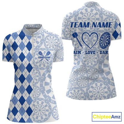 Aim Love Darts Custom Blue Argyle Women Darts Polo & 1/4 Shirts, Funny Darts Shirts Dart Team Jersey TDM5663