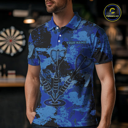 Custom Grunge Blue Camo Arrow Darts Shirts For Men, Retro Darts Jersey Team Polo & 1/4 Zip TDM5664