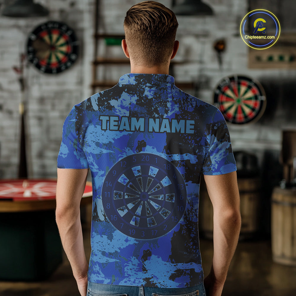 Custom Grunge Blue Camo Arrow Darts Shirts For Men, Retro Darts Jersey Team Polo & 1/4 Zip TDM5664