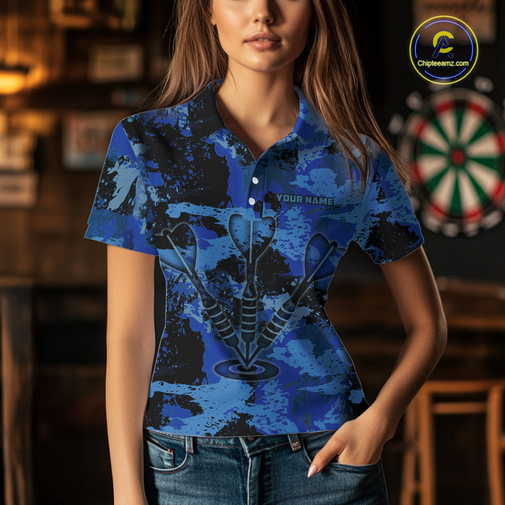 Custom Grunge Blue Camo Arrow Darts Shirts For Women, Retro Darts Jersey Team Polo & 1/4 Zip TDM5664
