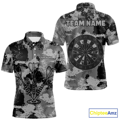 Custom Grunge Grey Camo Arrow Darts Shirts For Men, Retro Darts Jersey Team Polo & 1/4 Zip TDM5665