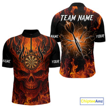 Load image into Gallery viewer, Orange Flaming Skull Men's Dart Jerseys Custom Dart Fire Lightning Darts Team Shirt Polo &amp; 1/4 Zip TDM3856