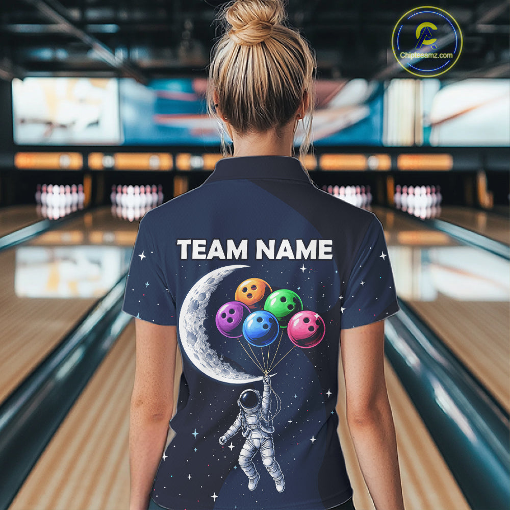 Custom Astronaut Galaxy Funny Bowling Jersey For Women, Bowling Polo & Quarter Zip Team Shirts TDM6273