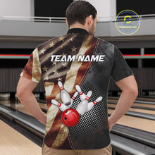 Load image into Gallery viewer, Back view of man wearing a retro American flag bowling quarter zip shirt in a bowling alley.