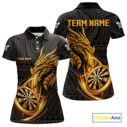 Black And Golden Custom Tribal Dragon Darts Shirt For Women, Darts Team Jersey Polo & Quarter Zip TDM5390