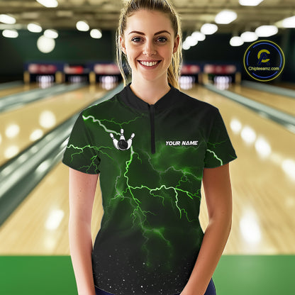 Personalized Thunder Lightning Tornado Funny Bowling Shirt For Women, Bowling Team Jersey |Green TDM5395