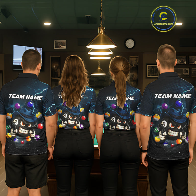 Blue Funny 8 Ball Pool Billiard Shirt For Men Custom Thunder Lightning Billiard Team Jersey TDM5397