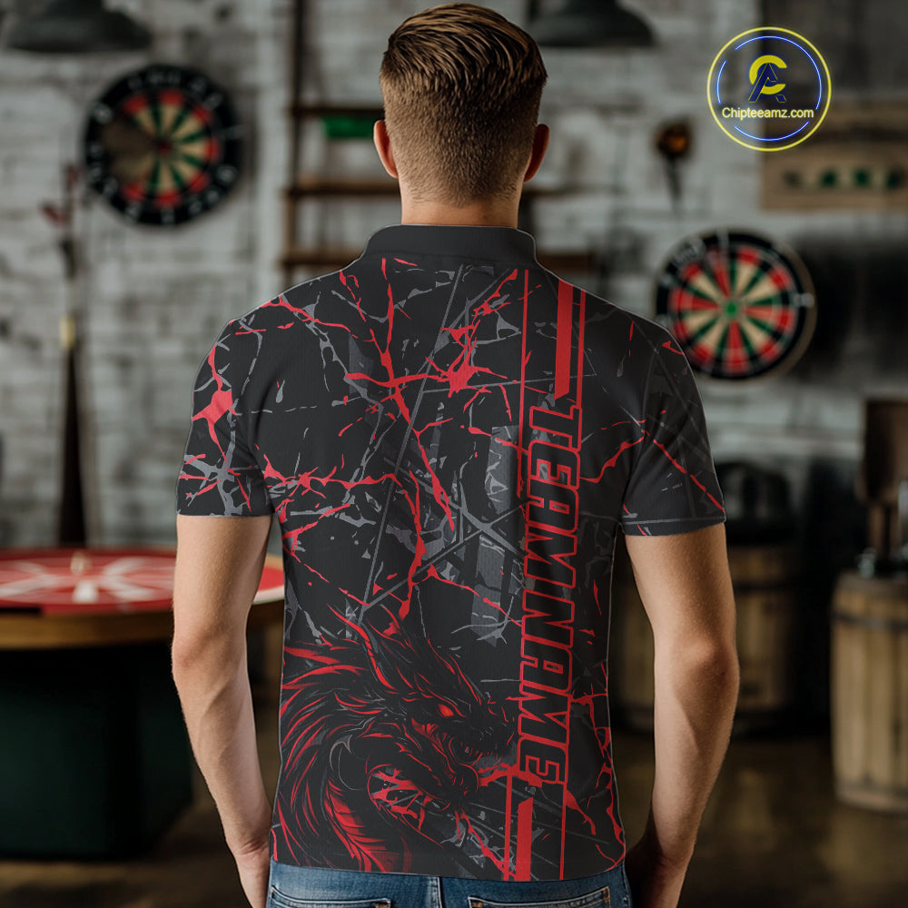 Red Grunge Dart Jerseys For Men, Fire Flame Dart Board Custom Name Dragon Darts League Shirts TDM3857