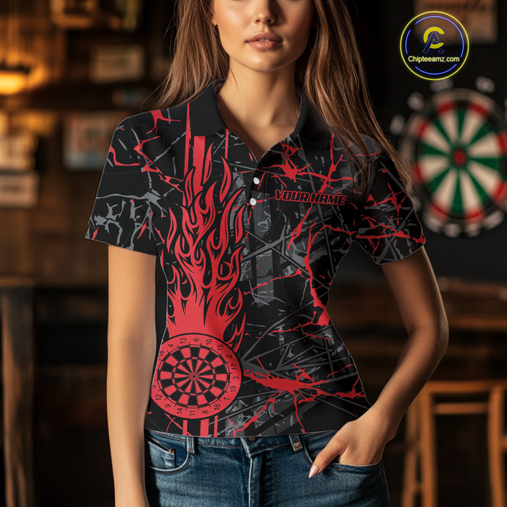 Red Grunge Dart Jerseys For Women, Fire Flame Dart Board Custom Name Dragon Darts League Shirts TDM3857