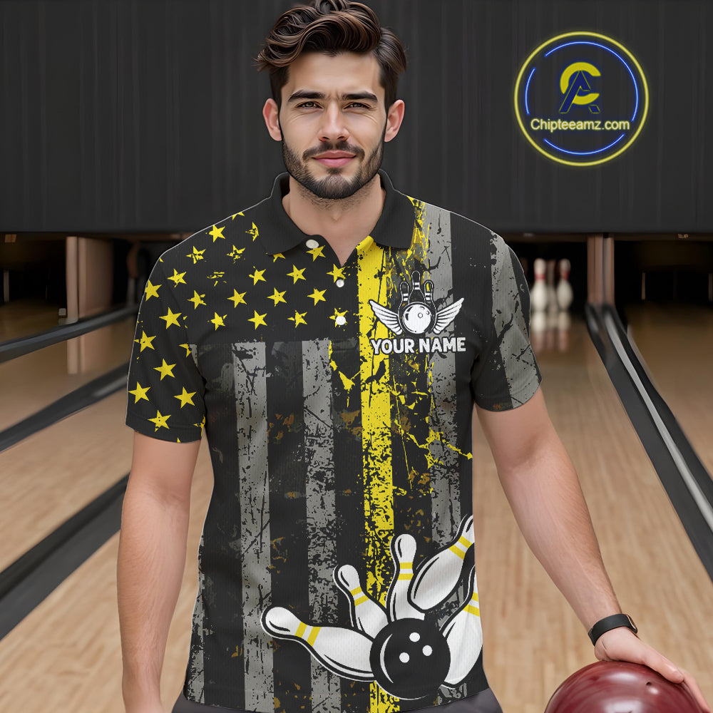 Yellow Grunge American Flag Patriotic Bowling Shirts For Men Custom Bowling Jersey Polo & 1/4 Zip TDM6288