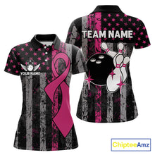 Load image into Gallery viewer, Custom Pink Ribbon Grunge American Flag Bowling Shirt For Women, Breast Cancer Bowling Team Jersey TDM6289