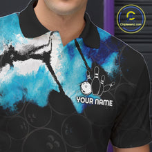 Load image into Gallery viewer, Close-up of a dreamy blue bowling polo shirt collar, buttons, and custom bowling artwork.