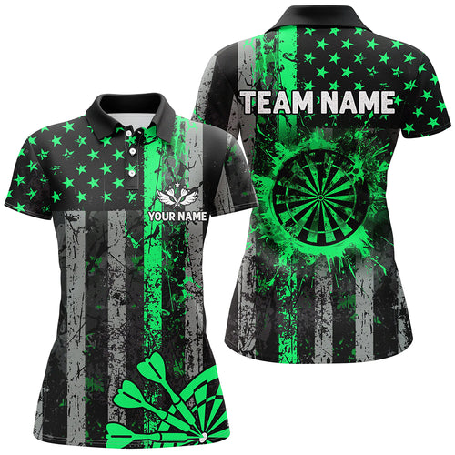 Custom Green Grunge US Flag Patriotic Darts Shirt For Women, Retro Darts Board Darts Team Jerseys TDM2182